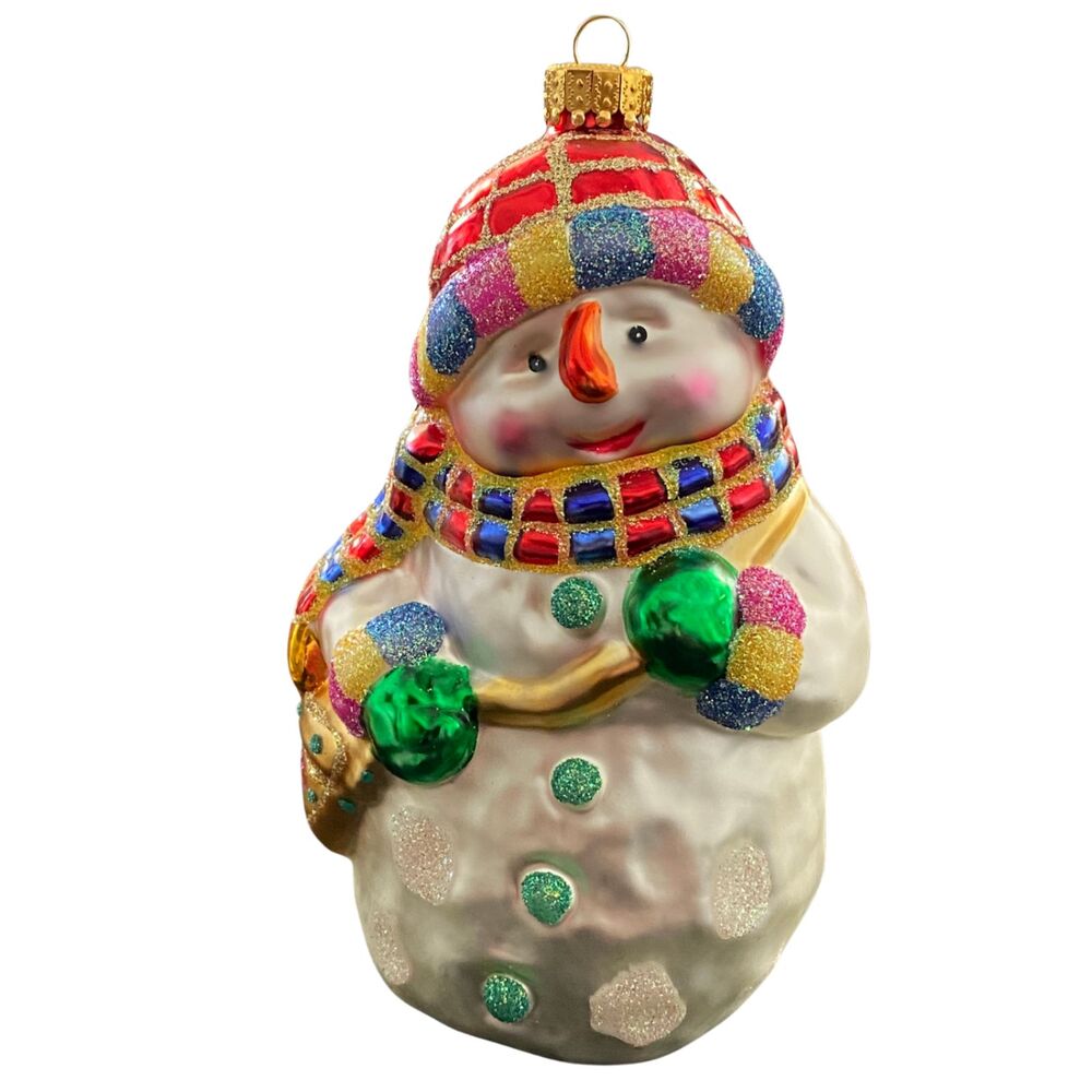 Vintage 2003 Handpainted Large Blown Glass Snowman Ornament with case, 6 inches